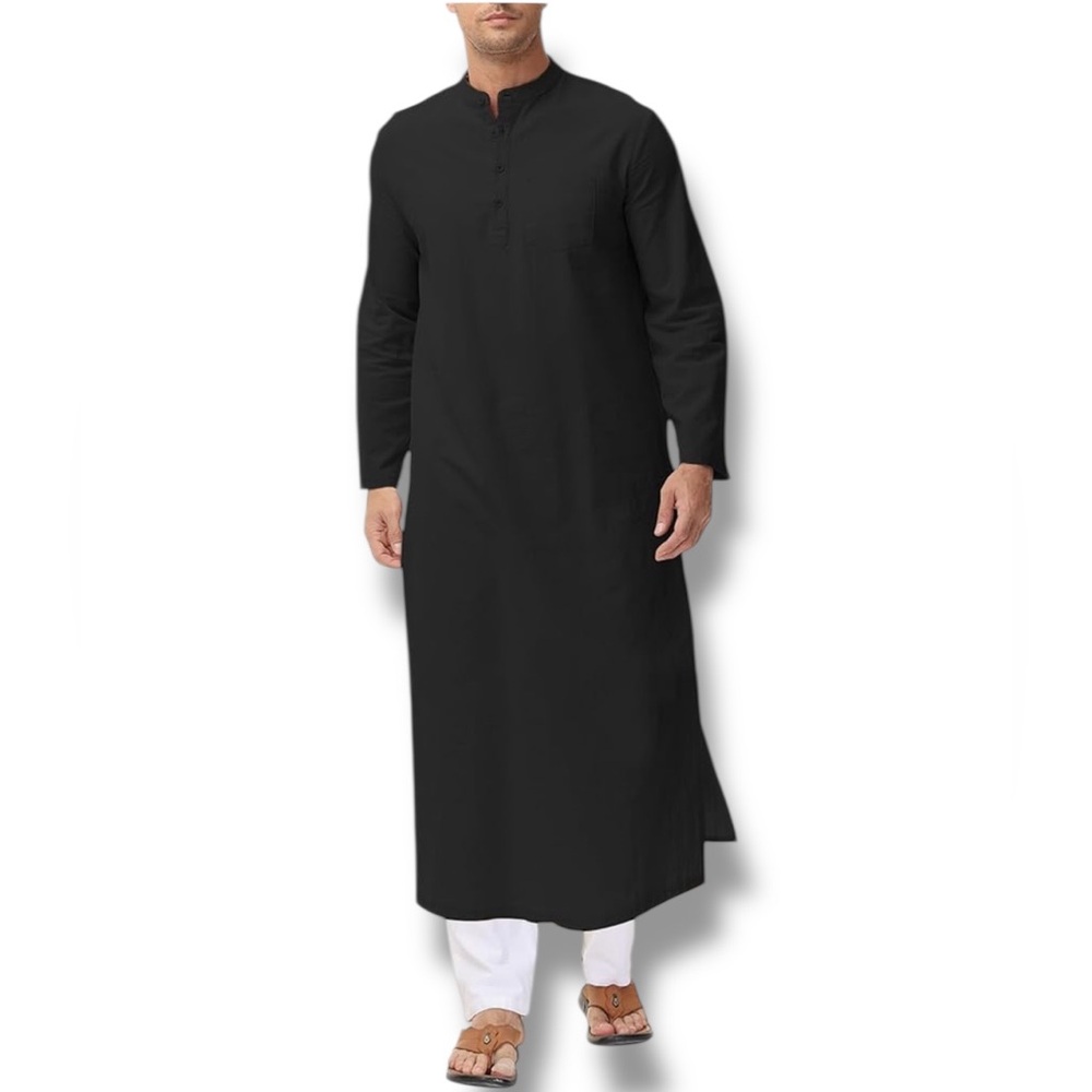 Men's Long Black Thobe/Kaftan/Robe Roll Sleeves Linen Cotton New